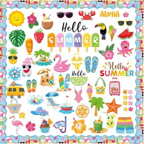 81pcs Hello Summer Bulletin Board Decoration Set,Summertime Pool Beach Hawaiian Theme Cutouts for Summertime Tropical Theme School Classroom Office Home Decor Teacher Supplies