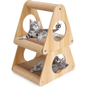 Ownpets Cat Scratcher Cat House, Double-Layer Triangular Shape Cat Scratching Board, 2 in 1 Cat Scratching Post with Ball Toys for Indoor