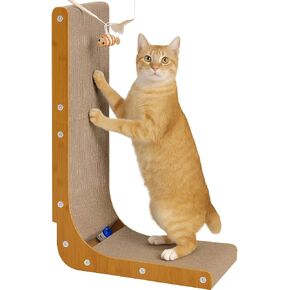 L-Shaped Cat Scratcher 26.7 Inch, Cat Scratching Pad with Fish Toy, Cat Cardboard Scratcher for Indoor Cats, Protects Furniture & Walls, Perfect for Kittens & Large Cats