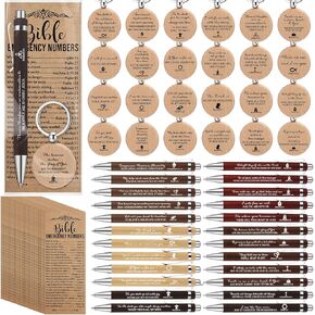 25 Sets Christian Gift Bulk for Men Bible Verse Bamboo Pens Bible Keychains and Emergency Number Bookmarks Religious Party Favor for Father Employee Church Baptism Souvenir(Wood Color)
