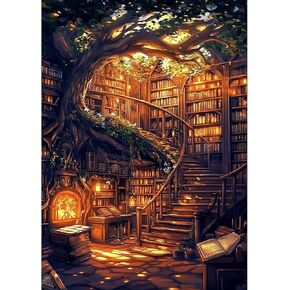 MXJSUA Tree Book House Diamond Art Painting Kits for Adults, Full Drill Diamond Dots Paintings for Beginners, Round 5D Paint with Diamonds Pictures Gems Art Painting Kits DIY Crafts Kits 12x16 Inch