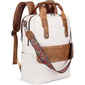 Leather Laptop Backpack 15.6 Inch Womens Laptop Bag, 3 IN 1 Computer Bag Handbag with Colorful Shoulder Bag Strap for Work Travel College Beige Brown