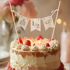 Wood "1/2"Birthday Cake Topper - 6 Months Birthday Cake Bunting Cake Topper Banner For Half Birthday 1/2 Birthday Celebration Half Year Baby Shower Birthday Party Decor