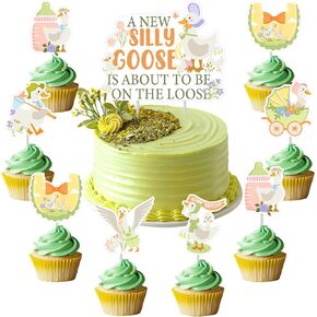 25pcs A New Silly Goose Is About To Be On The Loose Cake Toppers Pink Goose Baby Shower Decors Floral Silly Goose Cake Decors Cute Geese Fun Farm Animal Flower Lawn Gender Reveal Party Supplies
