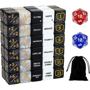 SIXPOINTS 62Pcs MTG Dice Counters Plus 1 Tokens Marble D6 Abilities Keywords Dice Creature Stats Buff Tokens 6 Sided & D20 Dice Set for Magic The Gathering, MTG, TCG, Card Games Accessories