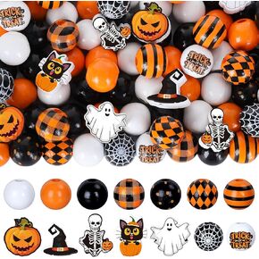 220Pcs Halloween Wooden Beads 14 Styles Wood Loose Beads Orange Black Pumpkin Ghost Shaped Beads for Halloween Tiered Tray Garland Farmhouse Decor DIY Crafts