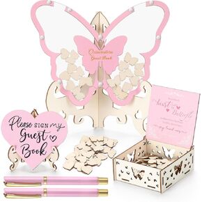 Weysat Pink Butterfly Quinceanera Wooden Guest Book Alternative Drop Box Alternative for Girls, Mis 15 Quince Sweet 15th Birthday Decor, Quinceanera Birthday Party Sign Book for Guests