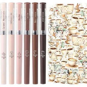 6 Pieces Cute Coffee Pen Bulk, 0.5mm Black Ink Liquid Pens with 50 Pieces Stickers, Party Inspirational Gifts for Coffee Lovers Home School Office Supplies