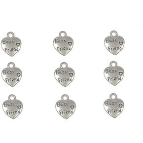 ALIMITOPIA 60pcs BEST FRIEND Lettering Charm Peach Heart Shape Double-side pendant for DIY Bracelet Necklace Jewelry Making Findings(Silver Tone)