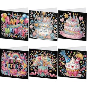 JISHSHAY 6 PCS Cake Diamond Painting Greeting Cards Happy Birthday Diamond Art Birthday Cards with Envelopes Gem Art Gem Painting Mosaic Kits for Adults for Thanksgiving Anniversary Valentine