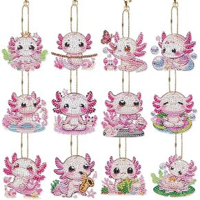 INCOK Axolotl Diamond Art Keychains - 12 Pcs Cute Animal Diamond Painting Ornaments Key Chains Kits Gem Art Crafts Mothers Day Graduation Birthday Gift for Adults Beginners