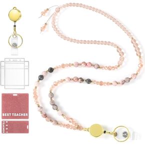 Teacher Lanyard with id Holder, Retractable Badge Lanyards for Women, Beaded Lanyards for id Badges and Keys, Cute Lanyard Teacher Gift (Pink)