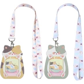 NEWEST 2Pcs Cute Cat Lanyard for ID Badge Holders, Funny PU Leather ID Card Holder Case, Cartoon Animal Detachable Keychain ID Name Tag Protector Cover for Nurse Teacher Student Staff Women Girl