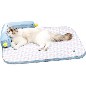 Summer Cooling Cat Bed-Cooling Cat Mat with 4.33inch Pillow for Kittens & Cats, Machine-Washable Cushion Calming Bed for Persian, Siamese, Small Pets(Blue, Large-25"x19"x4")