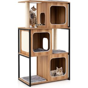 PETSITE 52 Inch Wood Cat Tree for Indoor Cats, Multi-Level Solid Metal Framed Wooden Cat Tower with Sisal Scratching Posts and Pad, 3 Condos, and Top Platform with Cat Hole