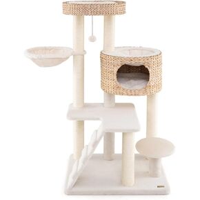 Tangkula Modern Cat Tree, 41 Inch Multi-Level Cat Tower with Cattail Fluff Condo & Top Perch, Hanging Toy, Bed, Removable Cushion, Sisal Scratching Posts for Indoor Cats, Natural