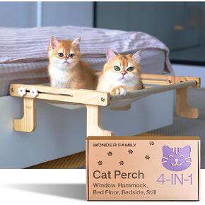 Foldable Cat Window Perch for Cats Inside – 4-in-1 Cat Bed for Shelf, Windowsill, Wall, Floor – 4 Heavy Duty Suction Cups, Sturdy Frame, Screws – Pet Hammock Sill Extender – Textile Window Cats Bed