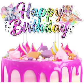 Jungle Animal Happy Birthday Cake Topper Rainbow Safari Animal Birthday Cake Pick Neon Leopard Print Tiger Elephant Cake Decoration for Jungle Safari Theme Birthday Party Supplies
