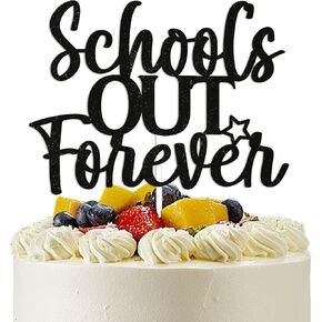 Schools Out Forever Cake Topper - Class of 2025, Last Day of School Party Decor, Teacher Retirement Supplies, Funny 2025 Graduation Party Decorations Black Glitter