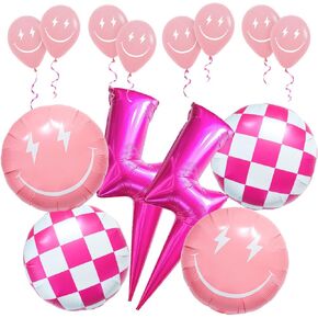 Pink Smile Face Balloons Lightning Bolt Magenta White Checkered One Happy Cool Dude Y2k Preppy Balloons Happy First Birthday Bad Two the Bone Party 1st Birthday Party Decorations for Girl