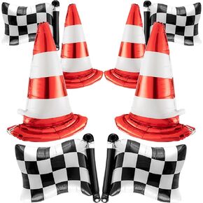 8 Pcs Large Racing Car Balloons Traffic Birthday Party Decorations with Checkered Foil Balloons and Self Standing Traffic Cones for Baby Shower Car Themed Party Decor
