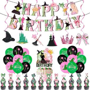 Witch Party Decorations,Witch Theme Birthday Party Decorations,Movie Theme Party Favors Supplies,Pink and Green Party Banners Balloons Cake Cupcake Toppers Swirls for Girl Birthday Party