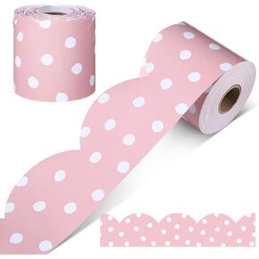 Zonon 65.6ft White Polka Dots Pink Bulletin Board Border Scalloped Classroom Posterboard Border Trim Decor for School Classroom Bulletin Board, Chalkboard, Home Office Decoration