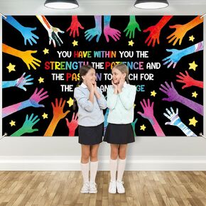 We Can Change The World Classroom Decorations Colorful Handprint Themed Classroom Banner Back to School Photo Booth Props Watercolor Inspirational Class Backdrop for School Hallway Home Wall Decor