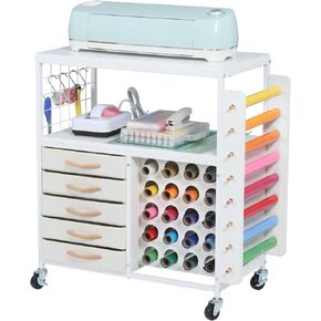 LUCKUP Organization and Storage Craft Table for Cricut Machines, Rolling Cart Cabinet with 28 Vinyl Roll Holders and 5 Drawers, Heat Press Stand Crafting Storage Cart with Hooks in Saudi Arabia