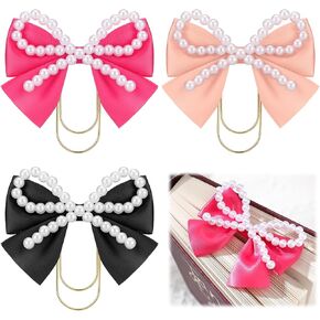 Chunful 3 Pcs Satin Bow Bookmarks with Gold Clip, Pearl Ribbon Bow Paper Page File Marker Clips Girly Bookmark for Women Aesthetic Book Lover Gifts Elegant Book Accessories