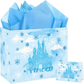 EIGHTSTATES 13" Large Princess Castle Gift Bag - Blue Castle Birthday Party Favors with Tissue Paper & Card for Girls, Baby Showers & Gender Reveal (Princess Theme)