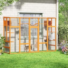 COZIWOW Catio Outdoor Cat Enclosure Window Catios for Indoor Cats 104" L Outside Patio Wooden Cattery with Adjustable Cat Scratcher, Waterproof Roof, Resting Box, Orange