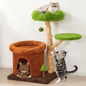 Cute Cat Tree with Scratching Posts, Bed & Condo, Multi-Level Cat Tower for Playful Cats and Multiple Cats, 32" Wooden Climbing Tower with Natural Wood & Soft Plush