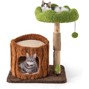 PETSITE 29 Inch Small Cat Tree for Indoor Cats, Modern Wooden Cute Cat Tree with Jute Scratching Post, Tree-Shaped Spring Toy, Teasing Hanging Ball and Teddy Fleece Covered Condo