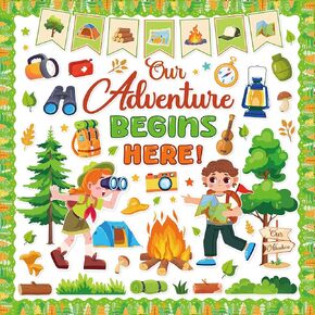 84Pcs Camping Bulletin Board Decorations Set, Camping Adventure Bulletin Board Decor, with Border Trims for School Classroom Door Home Wall, Back to School Decorations