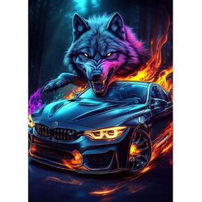 KEYIFA Sports Car Diamond Art Kits, 5D DIY Diamond Painting for Adults, Round Full Drill, Wolf Diamonds Dots Mosaic Painting, Crystal Gem Arts Craft for Home Wall Decor 12x16 in