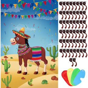 Hooqict Pin The Tail on The Donkey Party Games for Kids Birthday Party Supplies Decorations, Large Pin The Tail Poster with 50 Stickers Carnival Mexican Fiesta Party Games