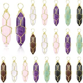 Sureio 18 Pieces Natural Healing Crystal Pendant Hexagonal Pointed Wire Wrapped Gemstone Quartz Pendant with Tree Life Wire Wrapped Gemstone Pendant for Necklace Jewelry Making in Kuwait