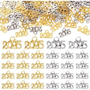 100 Pcs Year 2025 Signet Charms, Alloy 2025 Letter Pendant Charm Gold Silver Metal 2025 Charm for Jewelry Making DIY Craft Necklace Bracelet Earrings Keychain Graduation Supplies (Silver&Gold)
