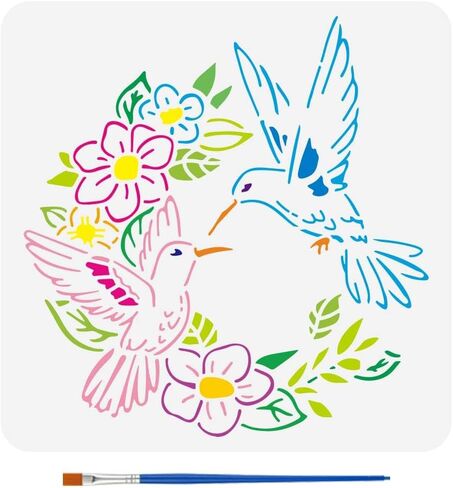FINGERINSPIRE Hummingbird Wreath Stencil for Painting 11.8x11.8inch with Paint Brush Hollowed Hummingbird Pattern Drawing Template Plastic PET Flower Wreath Stencil Animal Theme Template for Decor in Saudi Arabia
