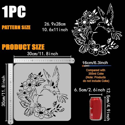 FINGERINSPIRE Hummingbird Wreath Stencil for Painting 11.8x11.8inch with Paint Brush Hollowed Hummingbird Pattern Drawing Template Plastic PET Flower Wreath Stencil Animal Theme Template for Decor in Saudi Arabia