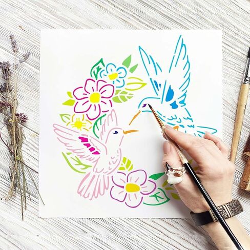 FINGERINSPIRE Hummingbird Wreath Stencil for Painting 11.8x11.8inch with Paint Brush Hollowed Hummingbird Pattern Drawing Template Plastic PET Flower Wreath Stencil Animal Theme Template for Decor in Saudi Arabia
