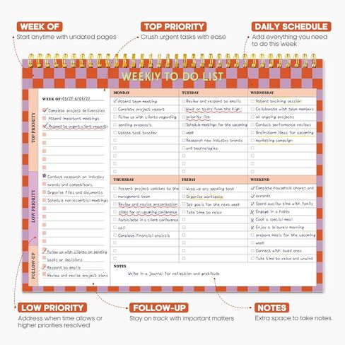 Weekly To Do List Notepad–Weekly Desk Planner with 52 Undated Sheets (8.5"×11") for Work and Home Use, Perfect for Women & Man - Sunset Checkered in Saudi Arabia