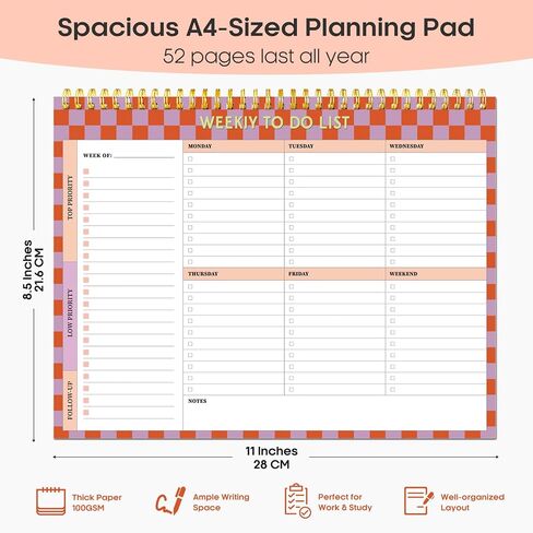 Weekly To Do List Notepad–Weekly Desk Planner with 52 Undated Sheets (8.5"×11") for Work and Home Use, Perfect for Women & Man - Sunset Checkered in Saudi Arabia