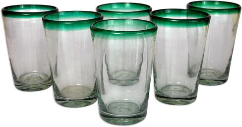 NOVICA Artisan Crafted Recycled, 15 Oz 'Conical' (Set of 6) Blown Glass, 6" H x 3.9", Green/Clear in Saudi Arabia