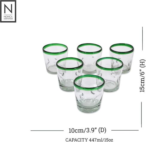 NOVICA Artisan Crafted Recycled, 15 Oz 'Conical' (Set of 6) Blown Glass, 6" H x 3.9", Green/Clear in Saudi Arabia