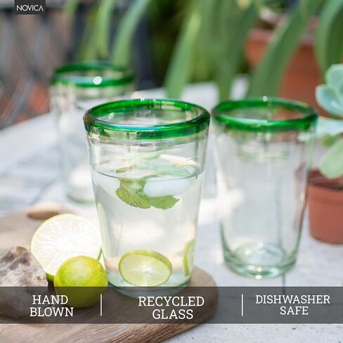 NOVICA Artisan Crafted Recycled, 15 Oz 'Conical' (Set of 6) Blown Glass, 6" H x 3.9", Green/Clear in Saudi Arabia