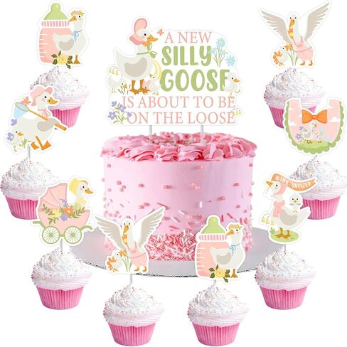 25pcs A New Silly Goose Is About To Be On The Loose Cake Toppers Pink Goose Baby Shower Decors Floral Silly Goose Cake Decors Cute Geese Fun Farm Animal Flower Lawn Gender Reveal Party Supplies in Saudi Arabia