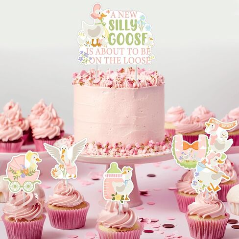 25pcs A New Silly Goose Is About To Be On The Loose Cake Toppers Pink Goose Baby Shower Decors Floral Silly Goose Cake Decors Cute Geese Fun Farm Animal Flower Lawn Gender Reveal Party Supplies in Saudi Arabia