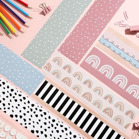 Fuutreo 64 Pcs 63ft Boho Bulletin Board Borders Classroom Decorations Colorful Rainbow Dot Stripe Trim Bulletin Borders for Back to School Office Wall Poster Chalkboard Party Decor(Retro Brown Color) in Saudi Arabia